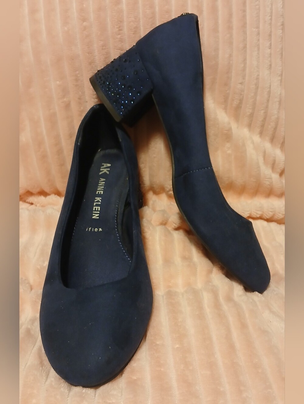 Anne Klein Navy Suede Block Heel Pumps with Crystal-Studded Heel